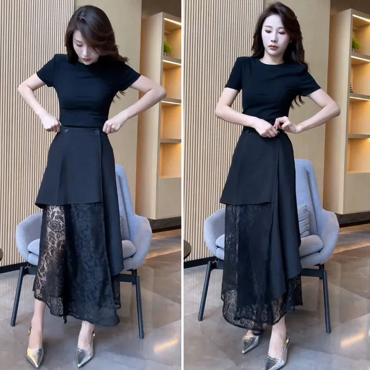 时尚套装女夏黑色短袖恤上衣高腰不规则蕾丝拼接半身裙两件套潮