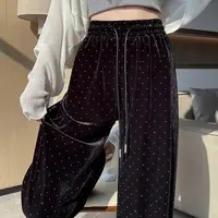 7790高腰烫钻金丝绒阔腿运动裤女宽松垂感直筒休闲长裤