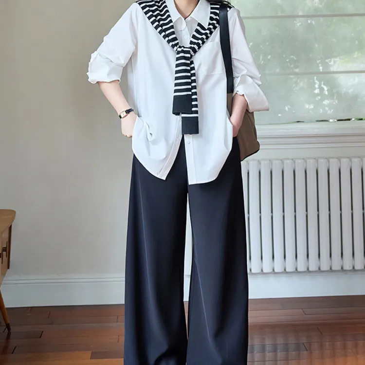 春秋季女士宽松显瘦假两件拼接长袖披肩式衬衫外套