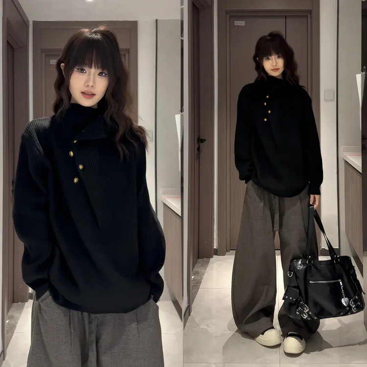 不规则纽扣设计感毛衣男冬季老钱风打底衫cleanfit高领针织衫卫衣