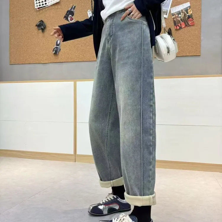 大码女装加绒加厚复古宽松高腰哈伦牛仔裤显瘦保暖萝卜裤2529