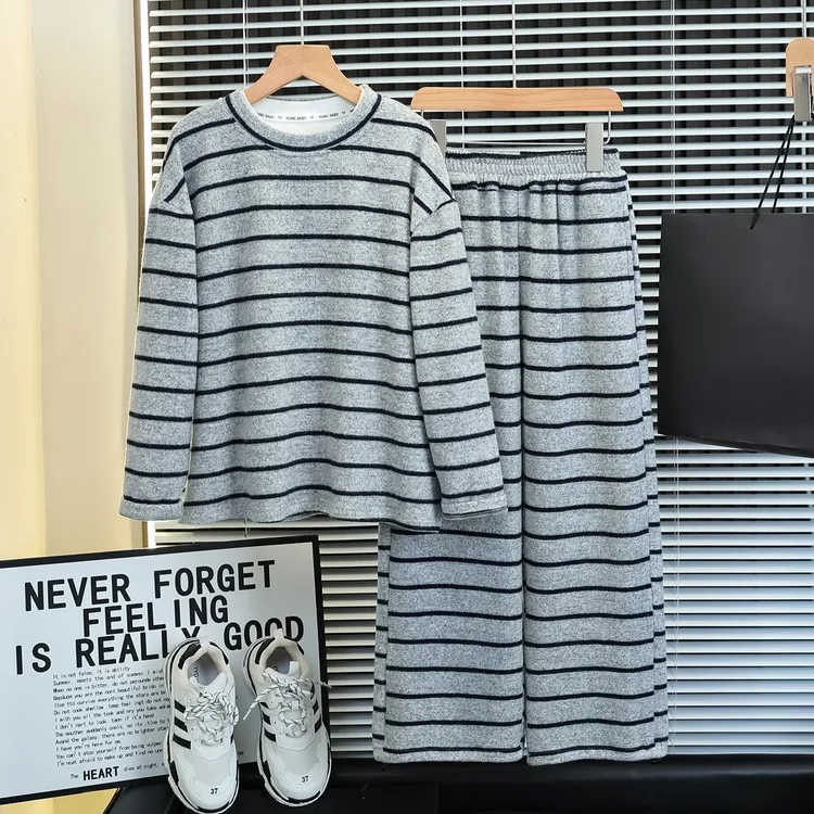 男童春秋款条纹睡衣套装2025新款儿童秋装韩系家居服中大童亲子装