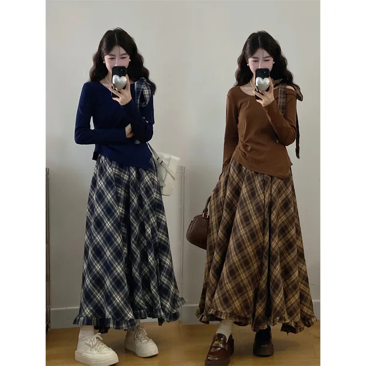 2025初秋露肩蝴蝶结长袖上衣+格子半身裙两件套裙女时尚套装气质