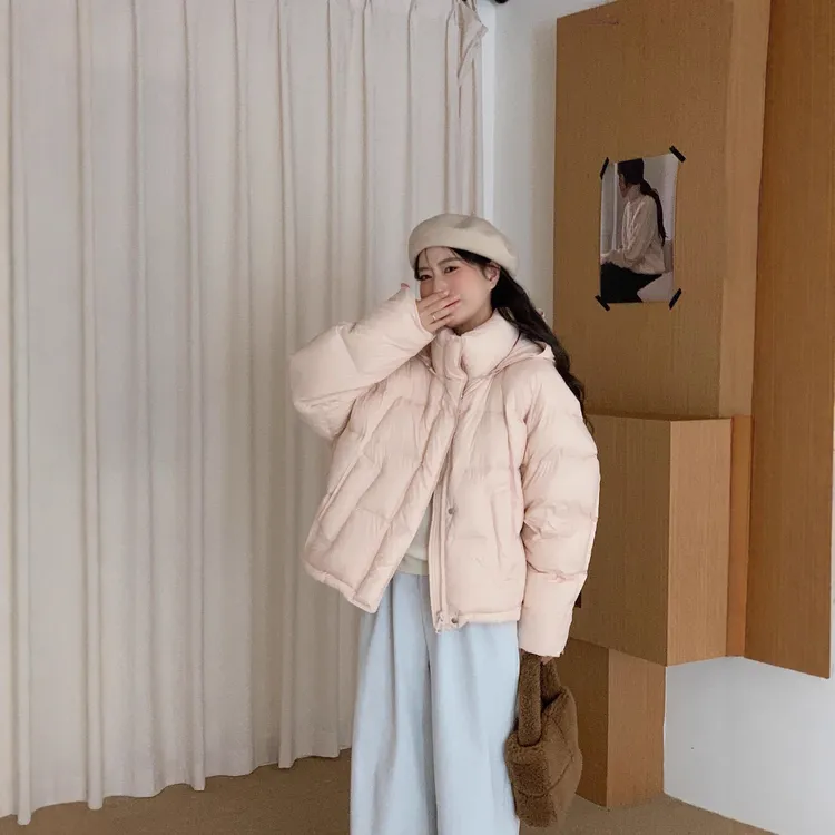 粉色羽绒服女短款连帽新款秋冬季加厚保暖云朵泡芙面包服外套