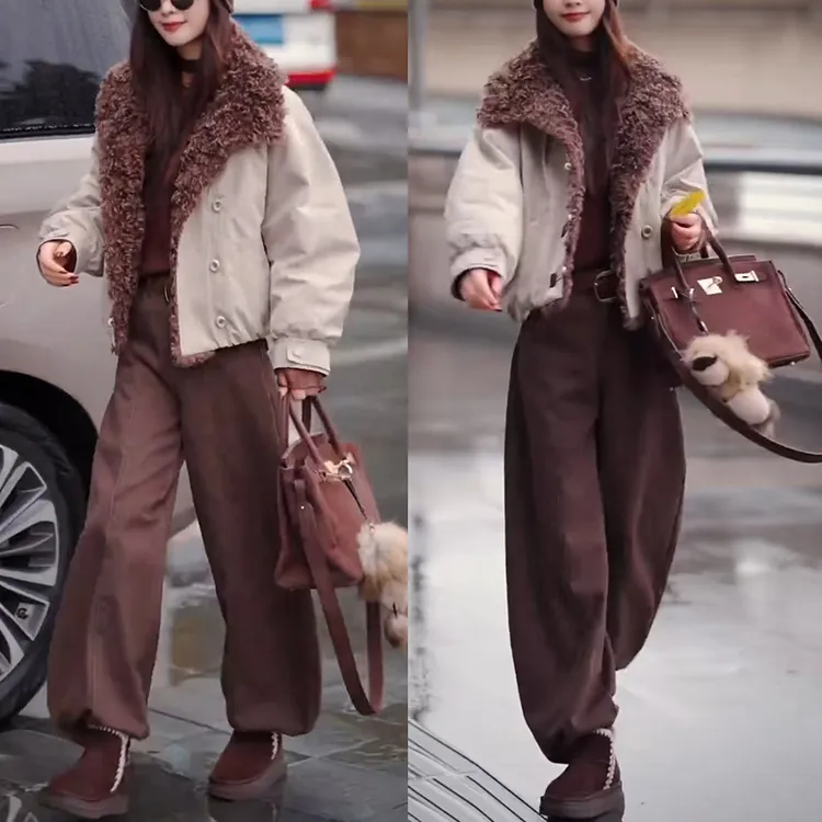 2025年秋冬穿搭新款韩系百搭气质放了短款外套高腰休闲裤两件套装