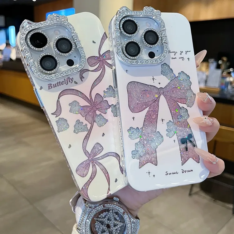 适用苹果系列iPhone16新款手机壳小众优雅蝴蝶结兔子满边钻框闪钻