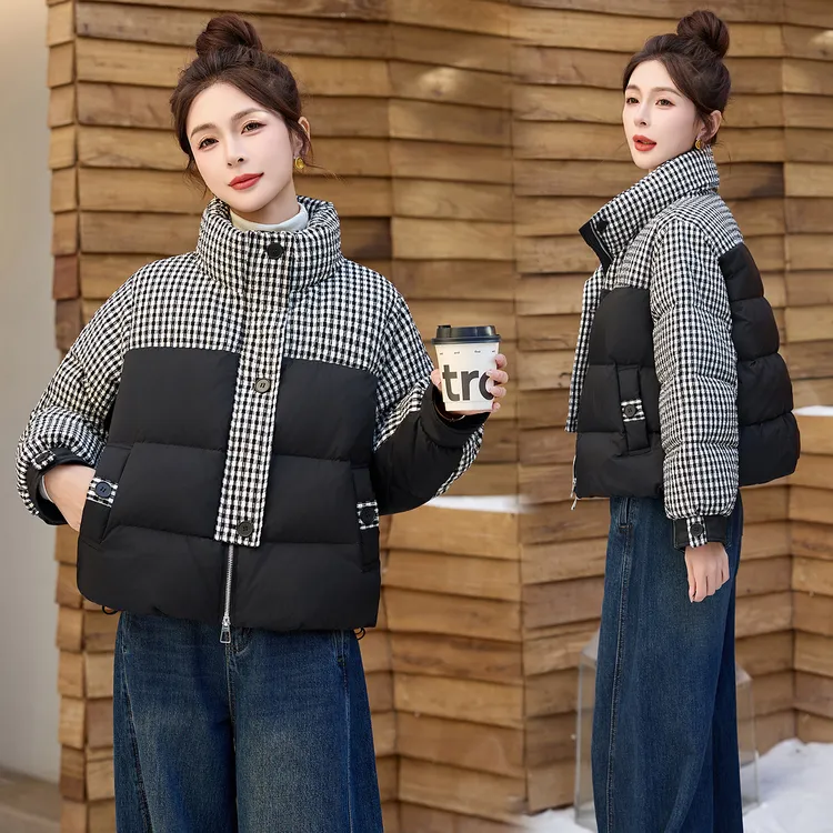 千鸟格拼接立领羽绒服女2025冬季新款小个子洋气减龄白鸭绒短外套