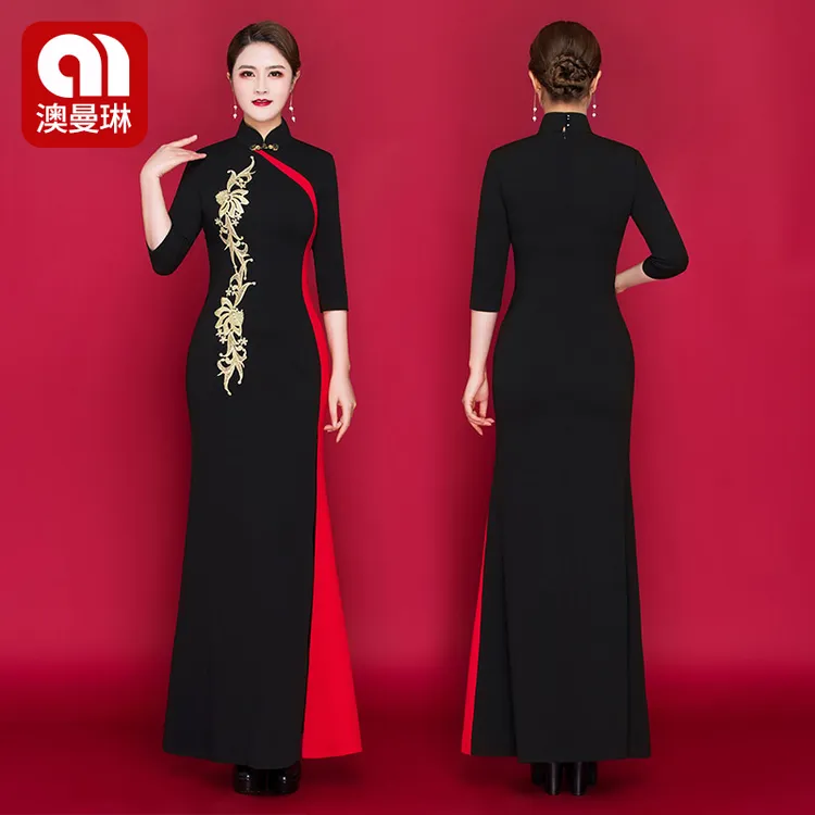 澳曼琳春夏新款改良版走秀旗袍长款演出优雅显瘦刺绣连衣裙