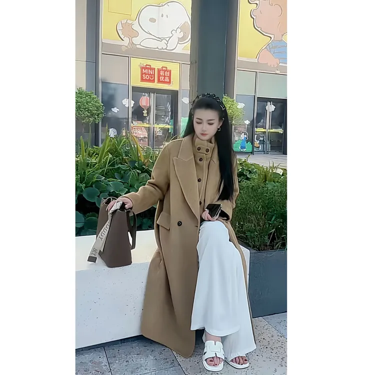 【】2025冬新品立领两件套长款双面呢羊毛大衣外套25058