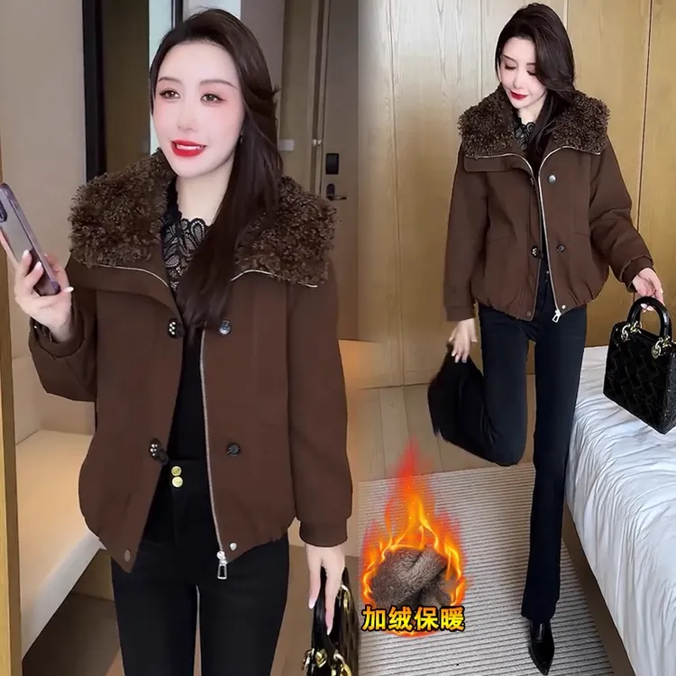 时髦毛翻领加绒加厚短款棉服女冬季新款时尚宽松休闲工装棉袄外套