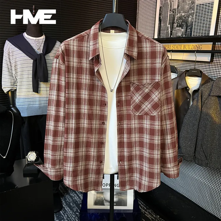 【HMEYAO】【纯棉复古棋盘格】原创秋季美式撞色格纹百搭翻领衬衣外套