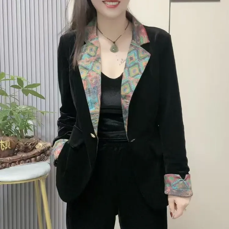 春秋季女士显瘦百搭修身时尚气质双侧开叉撞色西装外套