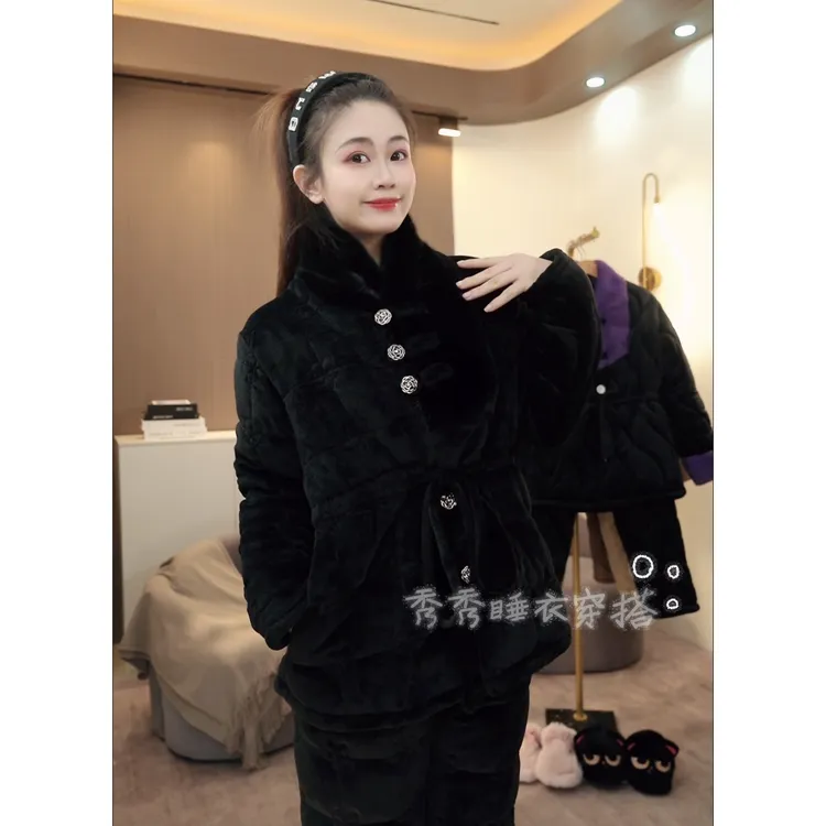 【秀秀家】冬季上新《黑金山茶花》三层夹棉保暖睡衣套装家居服