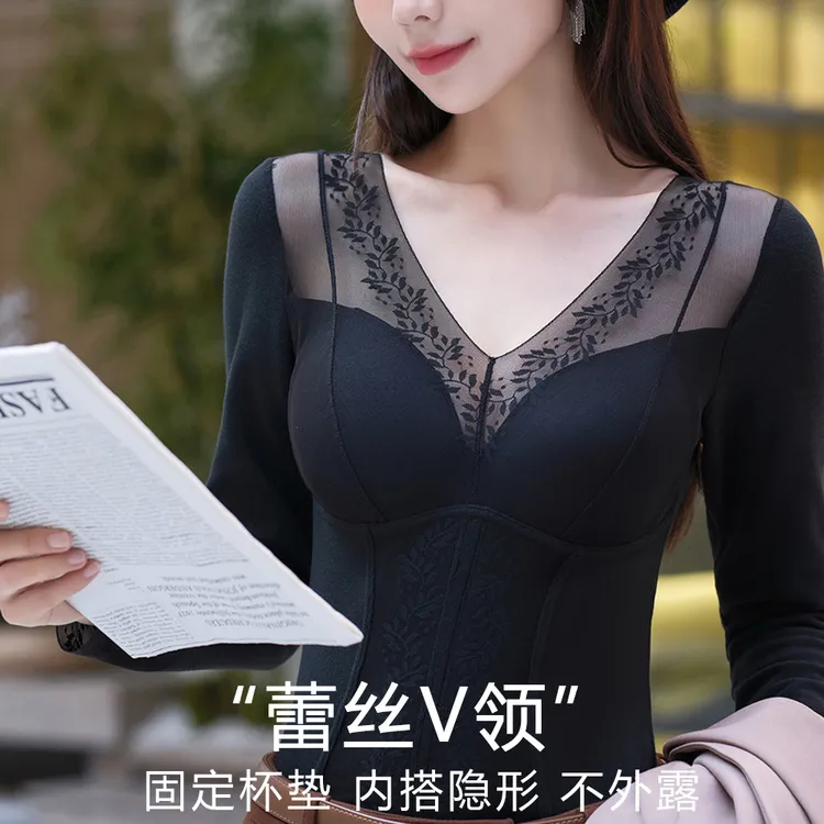 SM9395秋冬V领女神蕾丝拼接桑蚕丝双重暖绒裸感免穿内衣保暖衣MS