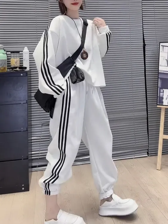 秋季新款时尚休闲运动套装长袖圆领卫衣松紧腰束脚卫裤显瘦两件套