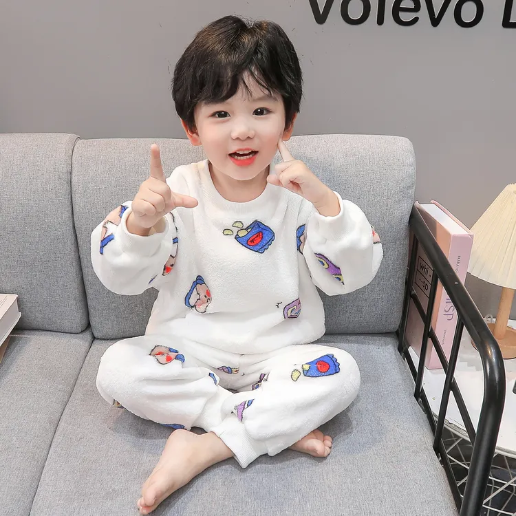 儿童珊瑚绒睡衣秋冬款加厚加绒男孩宝宝法兰绒套装男童卡通家居服