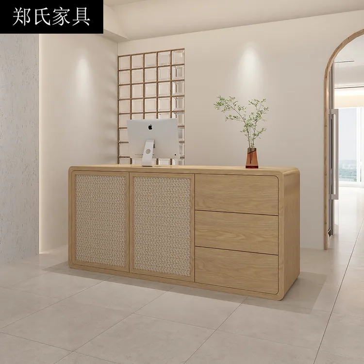 服装店柜台侘寂风吧台收银台民宿日韩餐饮店吧台桌藤编前台接待台