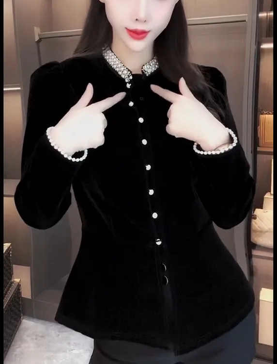 高端定制重工钉珠丝绒衬衫名媛风设计时尚气质百搭修身遮肉显瘦女