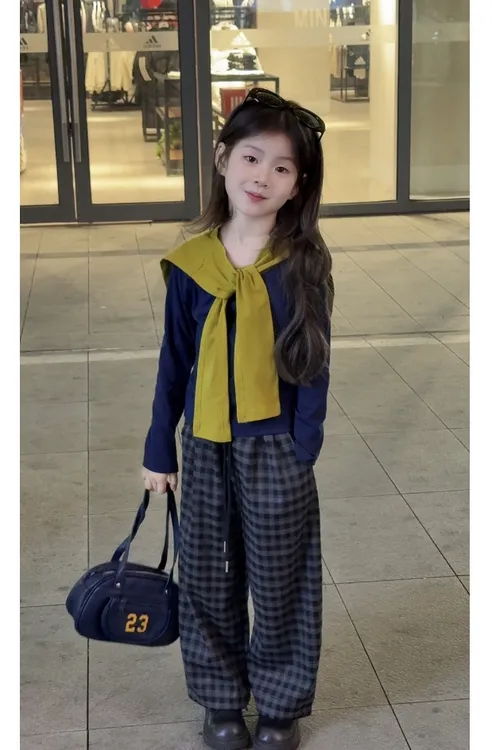 女童秋季格子裤披肩上衣套装韩版中大童休闲潮流设计舒适两件套潮