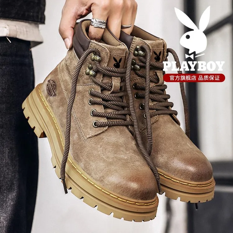 花花公子马丁靴男秋冬英伦复古靴子男短靴防水真皮爆款高帮工装靴
