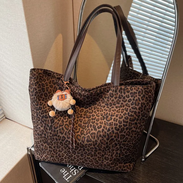 2025秋季新款时尚大容量托特包上班通勤豹纹单肩包个性帆布包女士