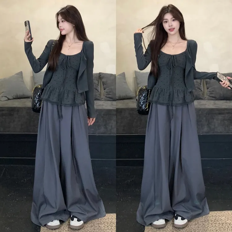 大码胖mm波点吊带两件套上衣+直筒裤休闲裤垂感拖地裤两件套装女