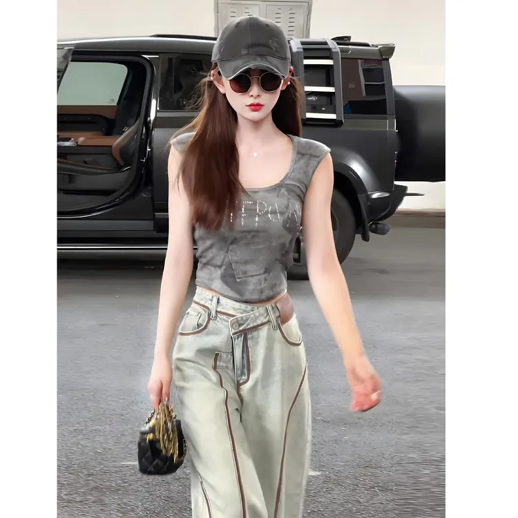 夏季宽松直筒显瘦复古潮高腰拖地裤女哈伦裤美式牛仔裤子