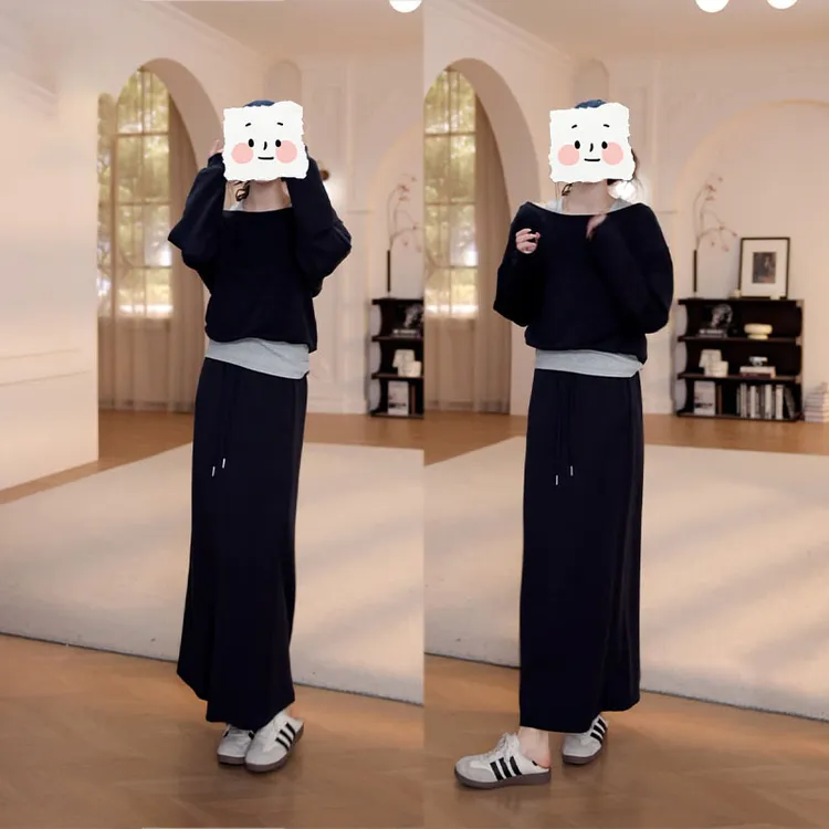 早秋时尚宽松韩系休闲慵懒风百搭假两件背心卫衣高腰半身裙两件套