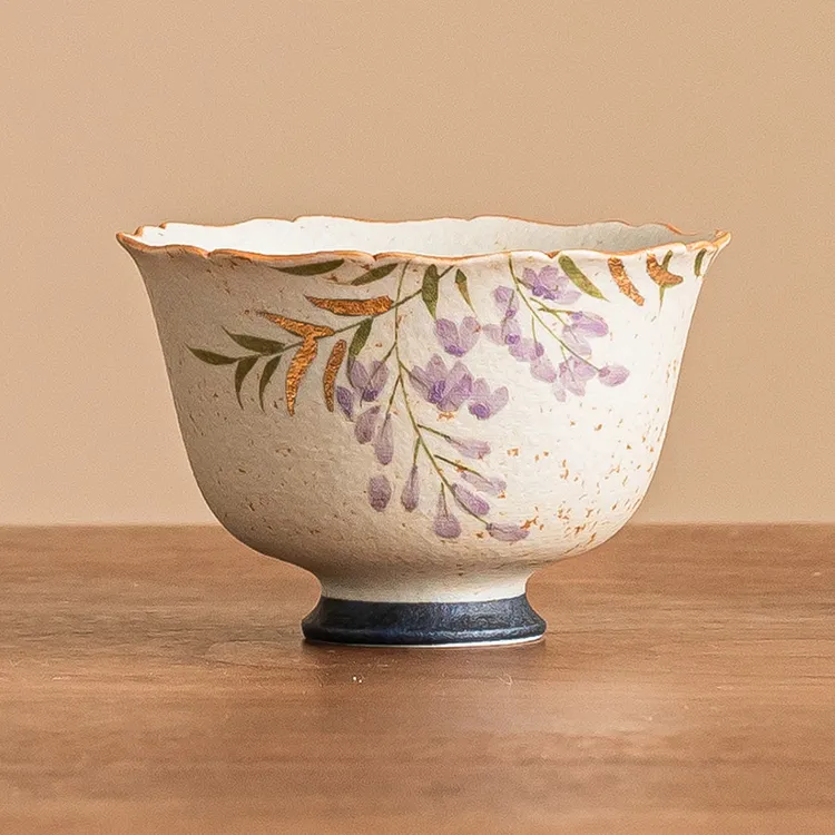 青花火石茶杯主人杯描金紫藤花瓣玉立杯家用喝茶品茗杯子大号防烫