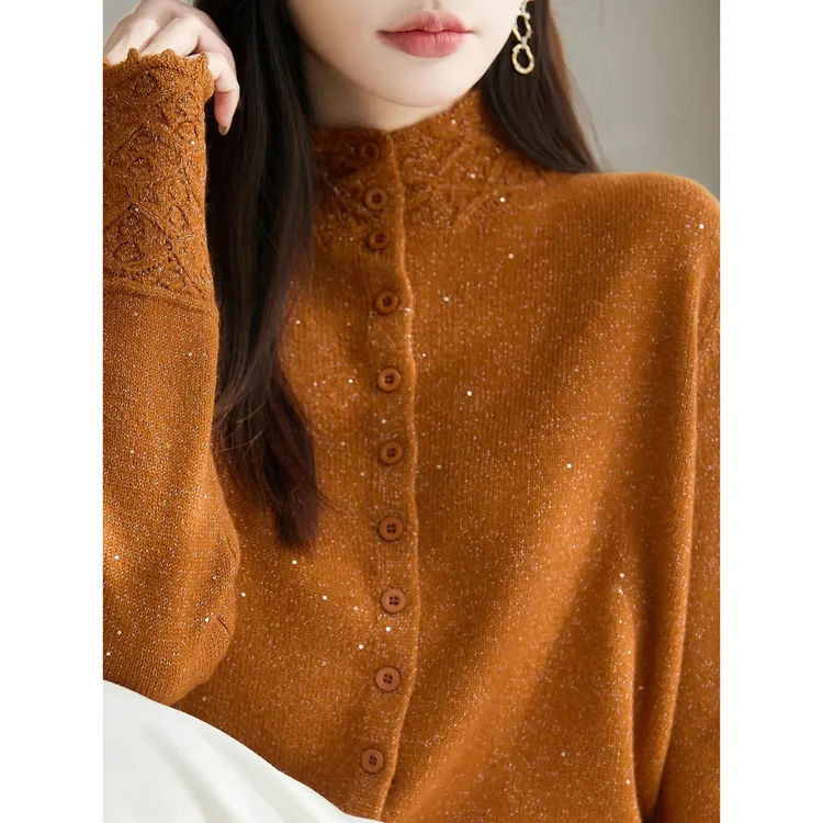轻奢钩花亮片多纽扣纯色半高领毛衣开衫女高级感显白宽松针织外搭