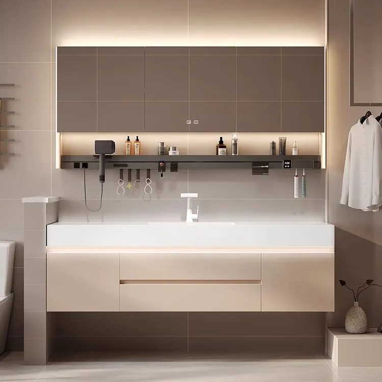 【纯白岩板陶瓷无缝】奶油风卫生间洗手脸池一体盆浴室柜组合洗漱台