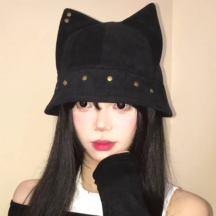 猫耳朵铆钉渔夫帽女日系百搭大头围显脸小水桶帽小众个性可爱帽子