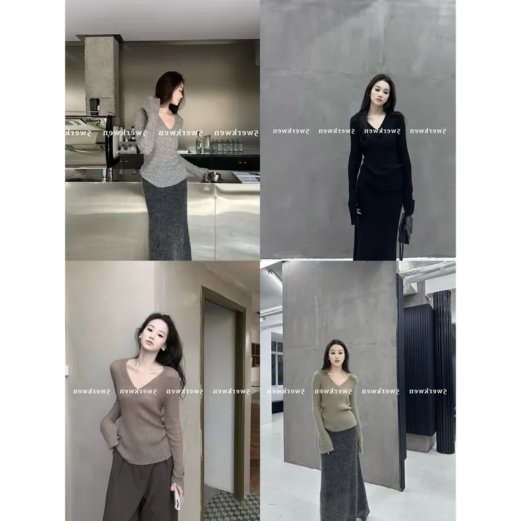 纸片人慵懒开衩袖针织打底衫女秋冬百搭V领显瘦长袖上衣