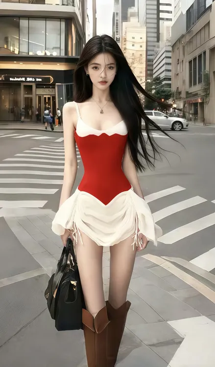 新款辣妹风红色U领吊带收腰连衣裙女别致设计感小众高级感穿搭