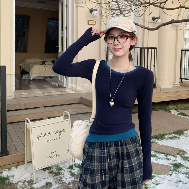 双面绒假两件正肩方领长袖T恤女冬季气质修身显瘦内搭打底上衣