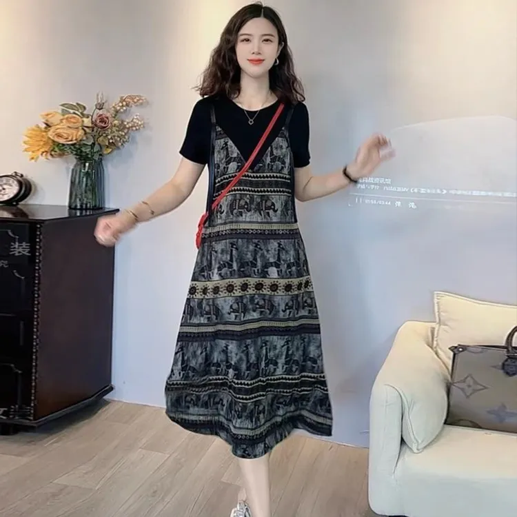 假两件复古宽松连衣裙女2025夏季新款高级感轻奢显瘦韩版爆款裙子