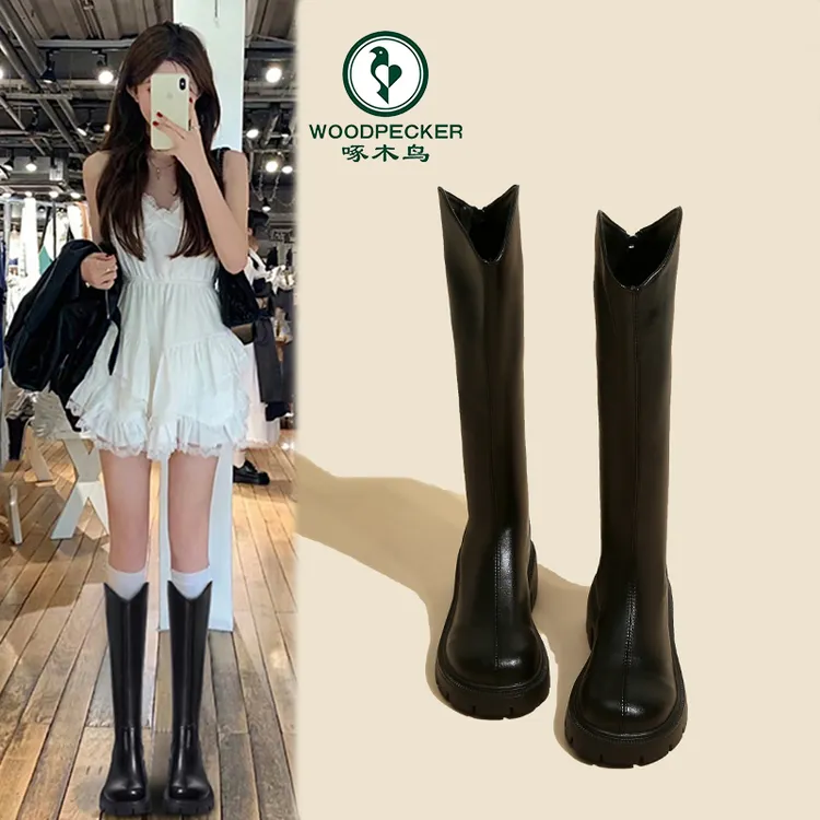 啄木鸟长筒靴女2025秋冬新款胖mm骑士靴v口粗跟厚底高筒瘦腿靴子