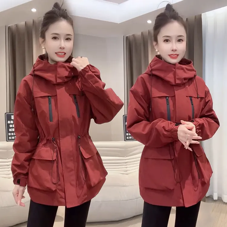 韩版中长款加棉厚保暖冲锋衣外套女秋冬时尚棉衣收腰棉服工装夹棉