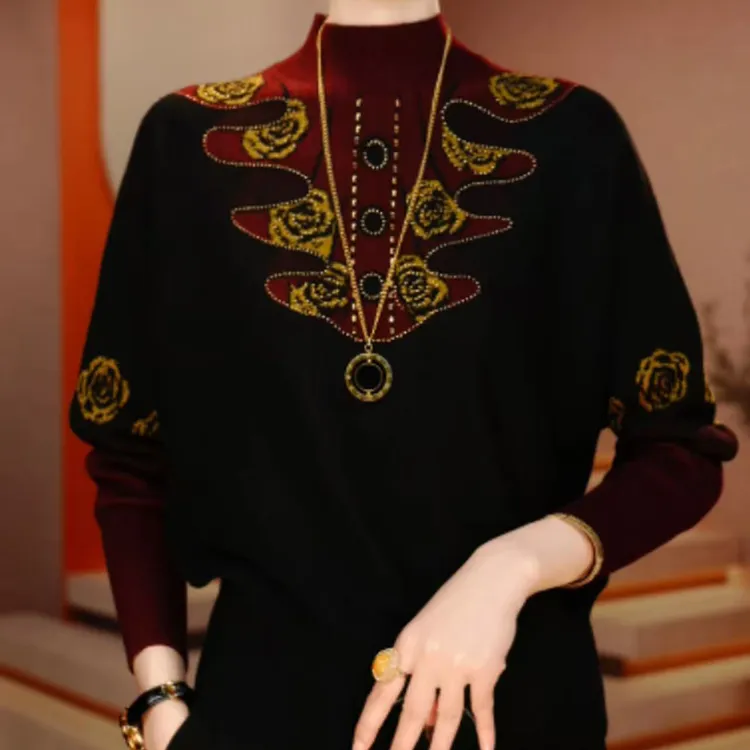 烫钻拼色休闲针织衫2025冬季新款女士妈妈时尚宽松遮肉保暖毛衣女