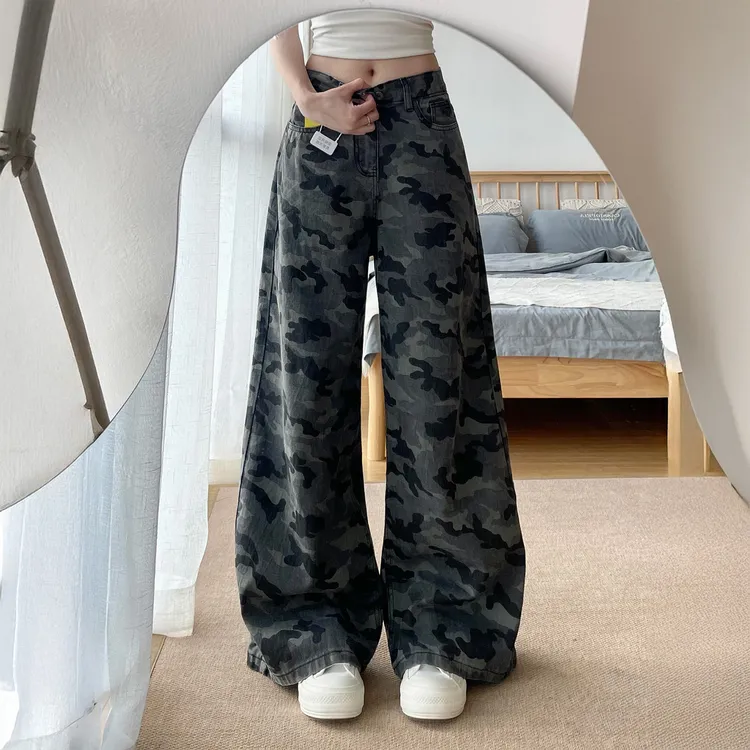 美式复古迷彩牛仔裤女秋季新款胖妹妹mm梨型身材设计感宽松阔腿裤