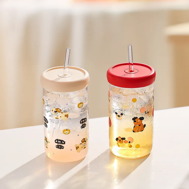 川岛屋高硼硅玻璃水杯子2025新款女高颜值可爱吸管杯果茶杯果汁杯