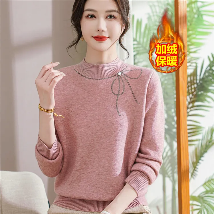 妈妈秋冬装毛衣洋气一体绒纯色打底衫中老年人女加绒加厚保暖上衣