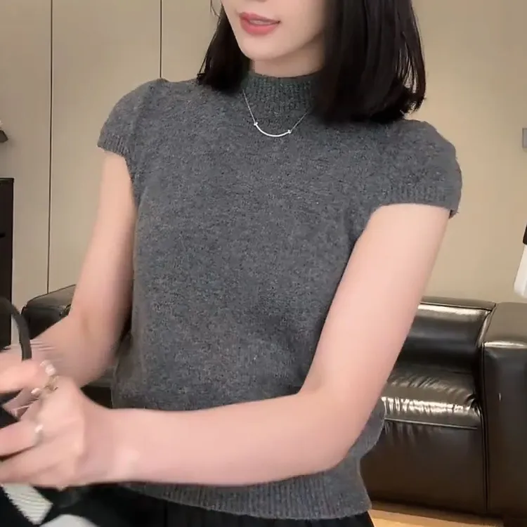 【温赫】气质半高领短袖针织新款纯色春季软糯休闲上衣女LK2501580