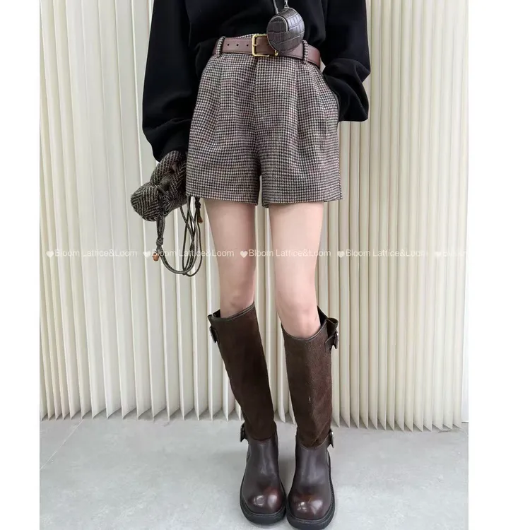 PCNY不理理“棕格棱镜”千鸟格羊毛时尚休闲百搭短裤