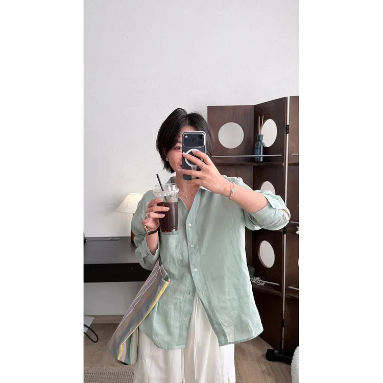 苏安家|“蓝调时刻”42支水洗苎麻v领慵懒感长袖衬衫外套