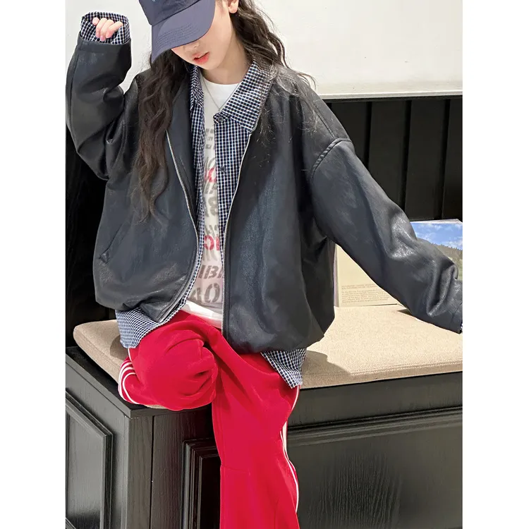 K29828孙小美格纹拼接女童皮衣外套2025新款秋装儿童夹克春秋上衣