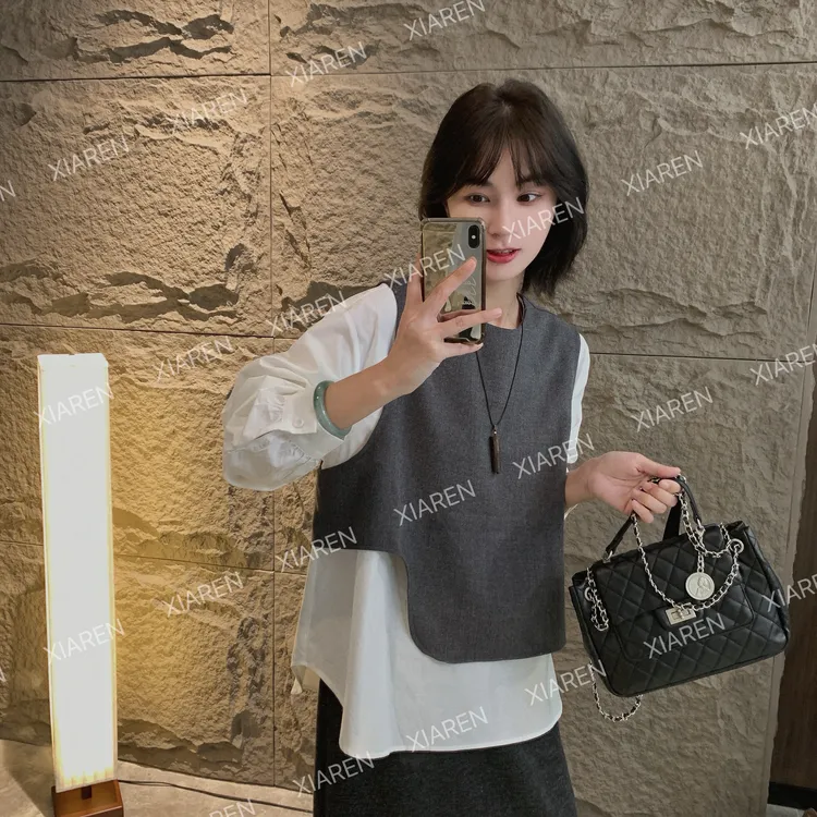 XIAREN【假两件西装衬衫】早八入秋衣服衬衫女款外穿早秋上衣休闲