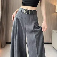 ZX灰色阔腿宽松条纹西装裤女高腰显瘦百搭垂坠感拖地裤大码设计感