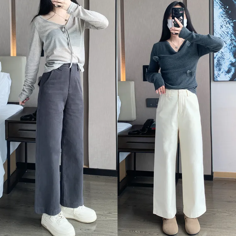 小个子白色九分直筒裤女秋季新款复古休闲宽松高腰窄版阔腿裤显瘦
