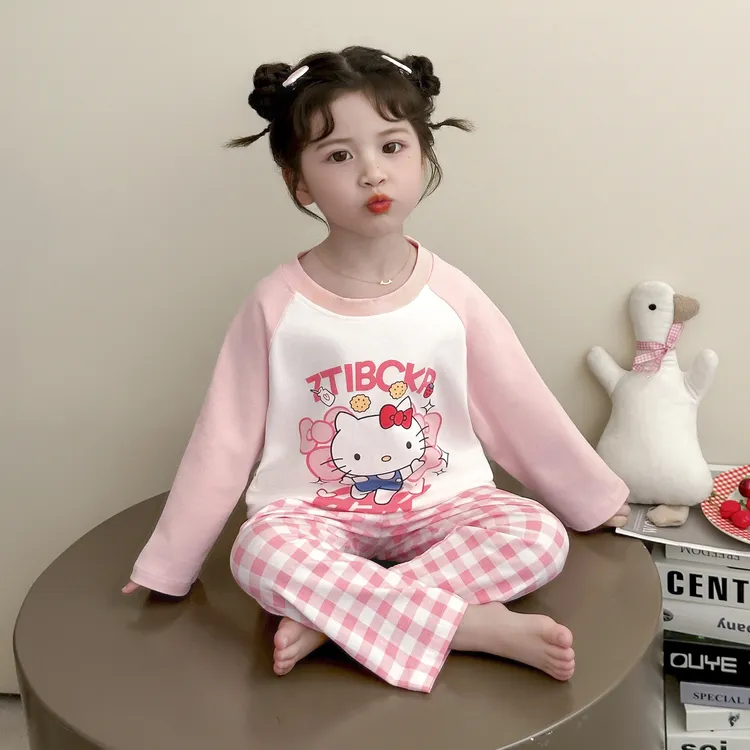 女童睡衣春秋季2025新款纯棉长袖长裤套装儿童卡通可爱kt猫家居服